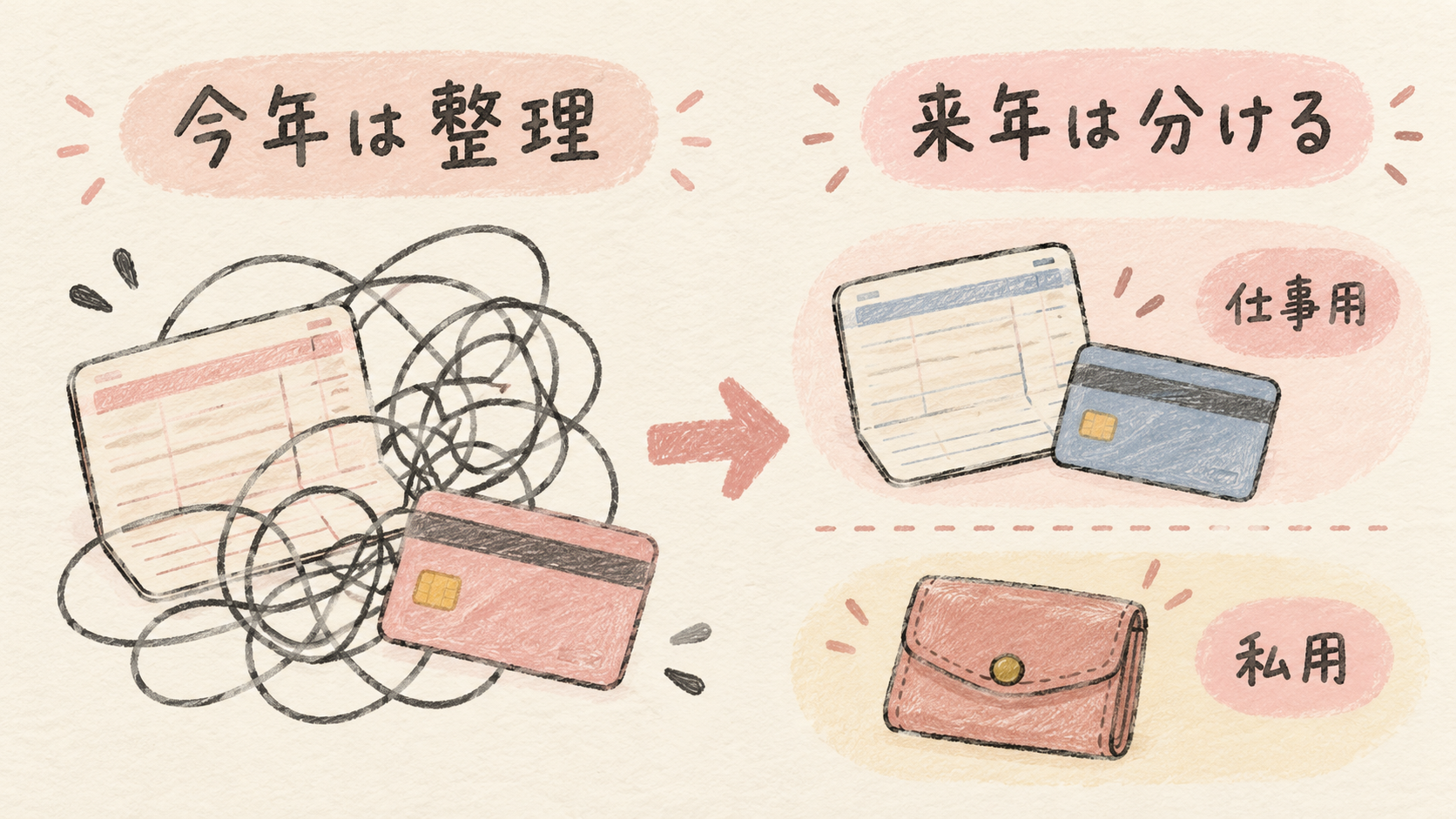 今年の混ざった口座を整理し来年から仕事用と私用に分けるイメージ