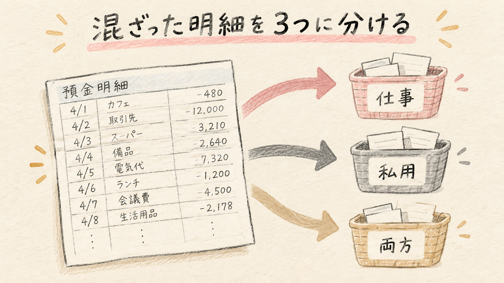 一つの口座に混ざった明細を仕事・私用・両方に分ける方法